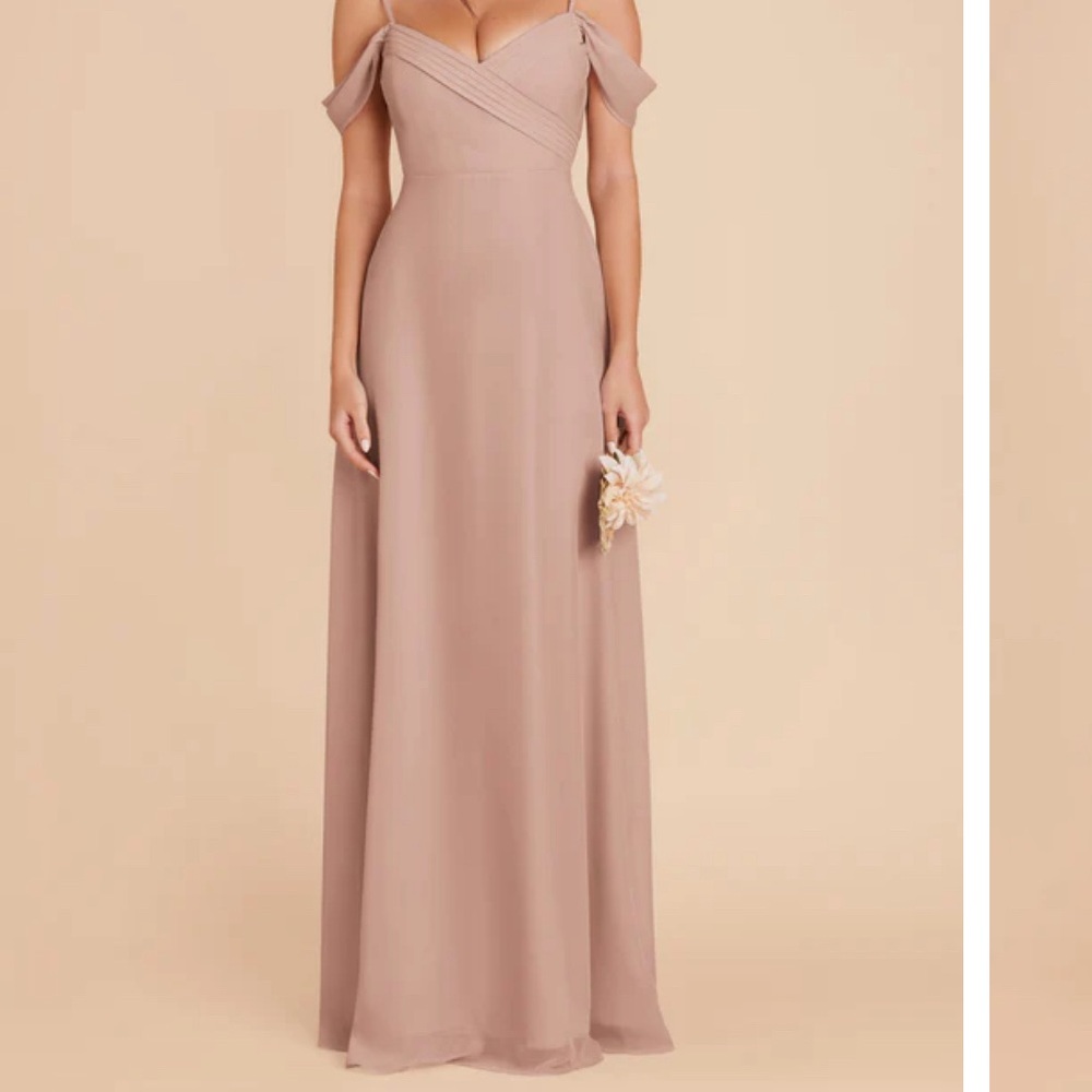 Birdie Grey Spence taupe chiffon dress with off the shoulder detailing.